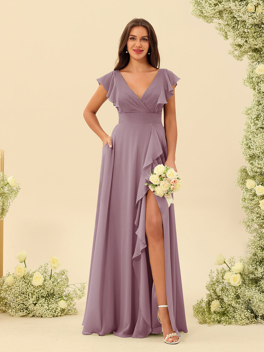 A-Line/Princess V-Neck Long Bridesmaid Dresses with Ruffles - 이미지 30
