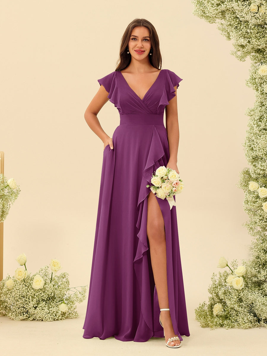 A-Line/Princess V-Neck Long Bridesmaid Dresses with Ruffles - 이미지 43
