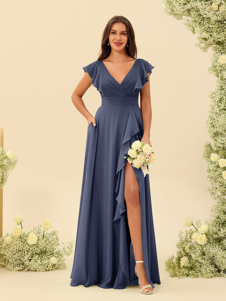 A-Line/Princess V-Neck Long Bridesmaid Dresses with Ruffles - 이미지 56