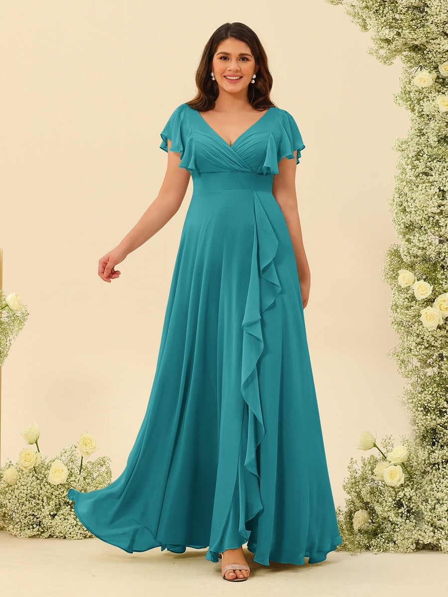 A-Line/Princess V-Neck Plus Size Bridesmaid Dresses with Ruffles - 画像 (48)