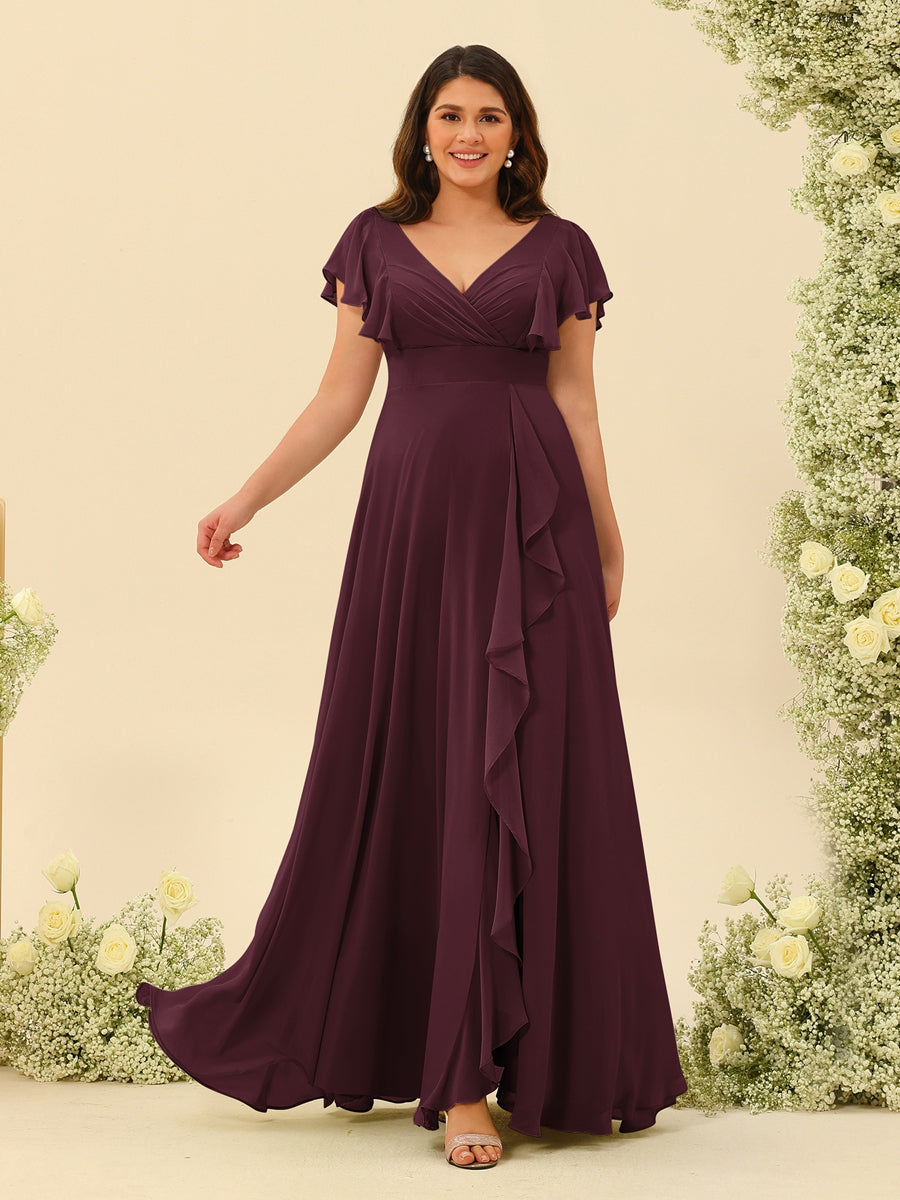 A-Line/Princess V-Neck Plus Size Bridesmaid Dresses with Ruffles - 画像 (8)