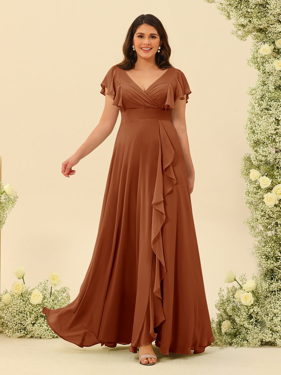 A-Line/Princess V-Neck Plus Size Bridesmaid Dresses with Ruffles - 画像 (6)
