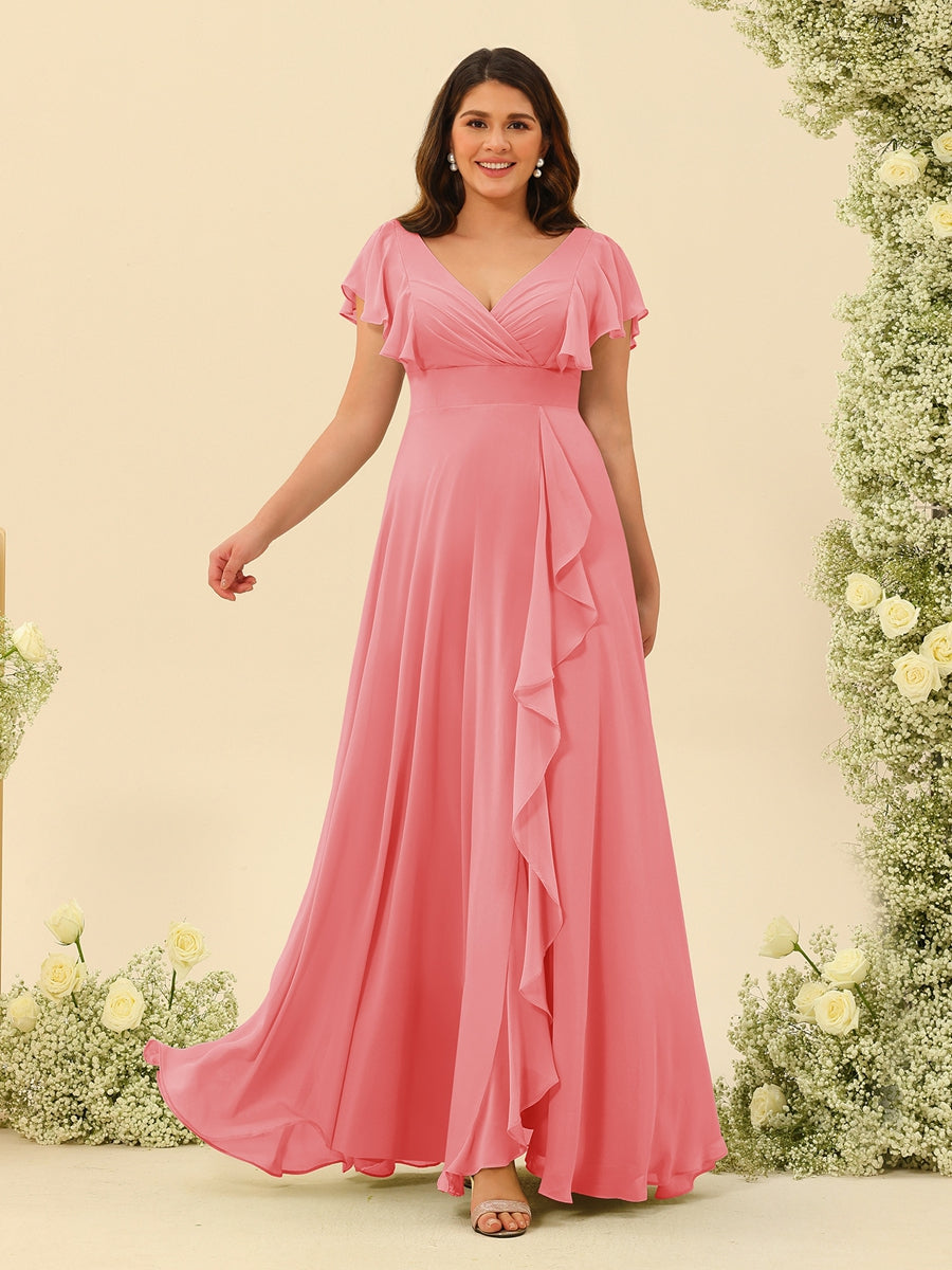 A-Line/Princess V-Neck Plus Size Bridesmaid Dresses with Ruffles - 画像 (28)