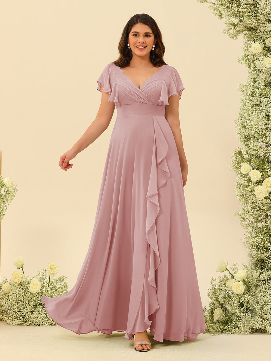 A-Line/Princess V-Neck Plus Size Bridesmaid Dresses with Ruffles - 画像 (4)