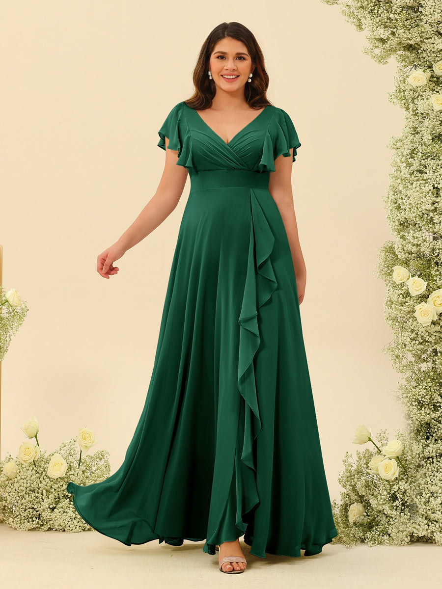 A-Line/Princess V-Neck Plus Size Bridesmaid Dresses with Ruffles - 画像 (63)