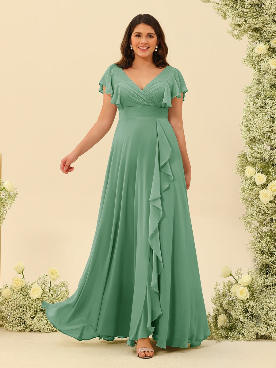 A-Line/Princess V-Neck Plus Size Bridesmaid Dresses with Ruffles - 画像 (13)