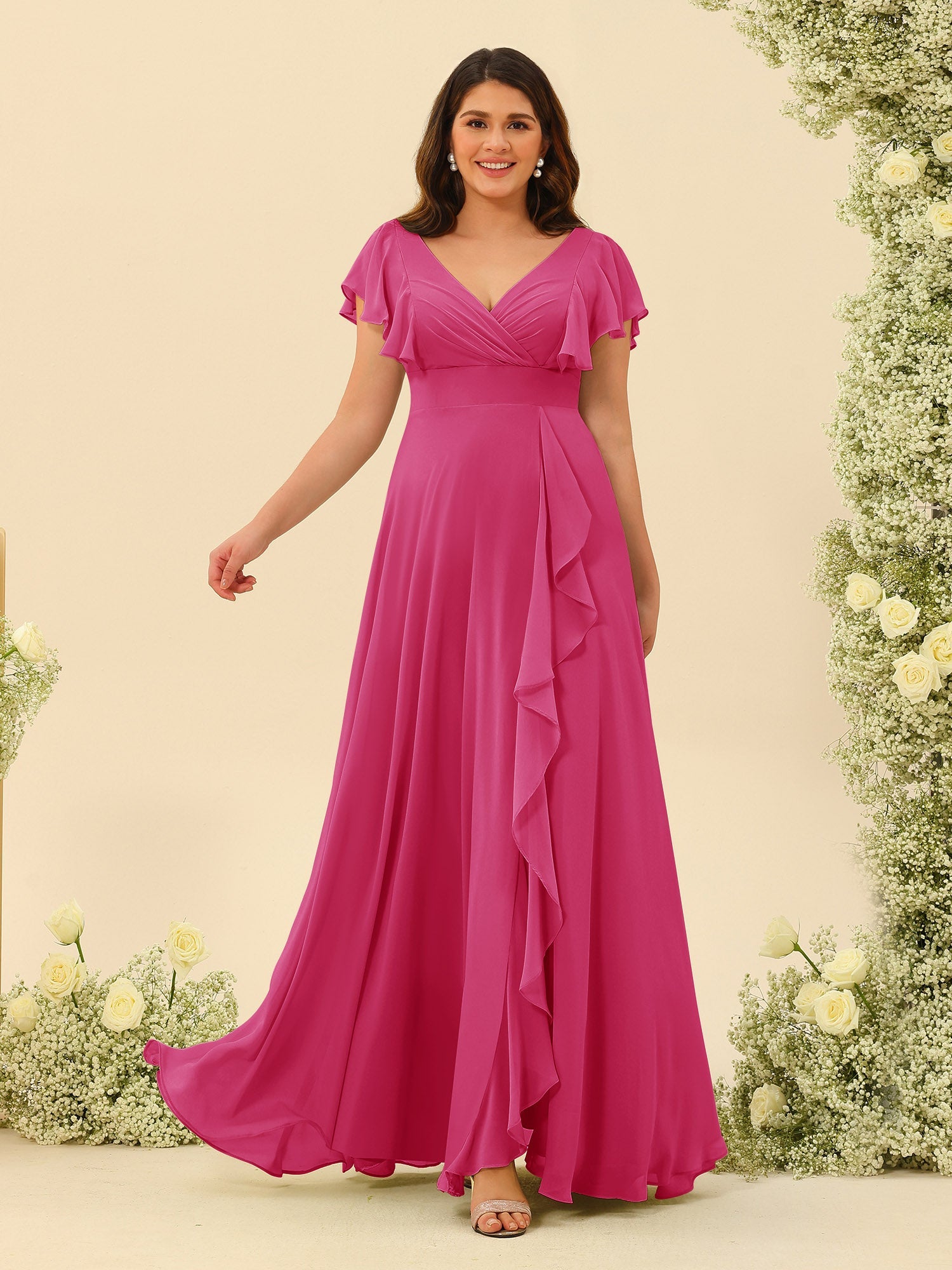 A-Line/Princess V-Neck Plus Size Bridesmaid Dresses with Ruffles - 画像 (30)