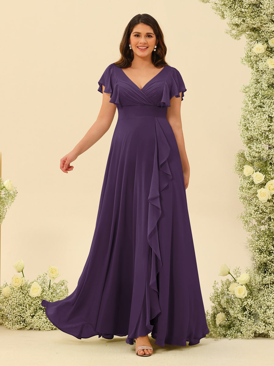A-Line/Princess V-Neck Plus Size Bridesmaid Dresses with Ruffles - 画像 (41)