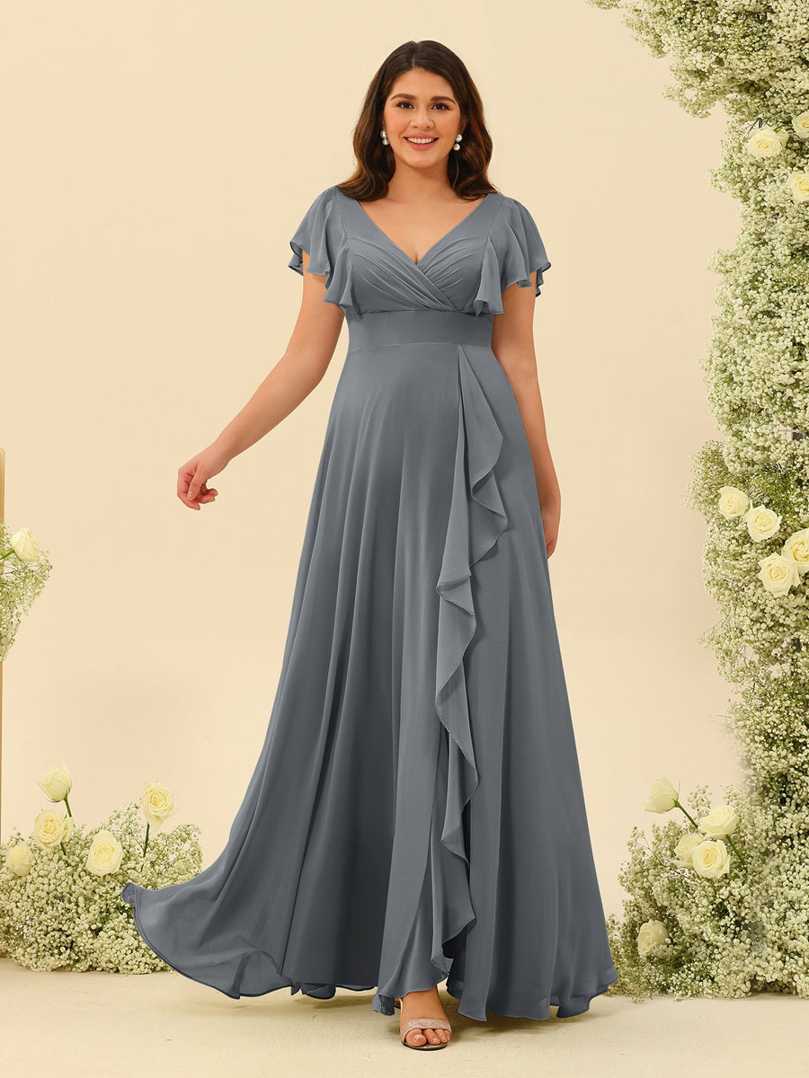 A-Line/Princess V-Neck Plus Size Bridesmaid Dresses with Ruffles - 画像 (71)