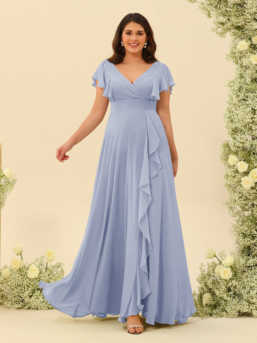 A-Line/Princess V-Neck Plus Size Bridesmaid Dresses with Ruffles - 画像 (44)