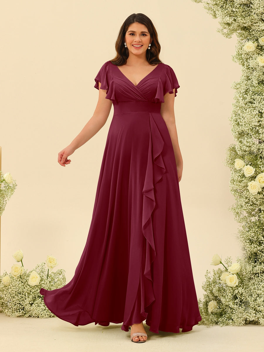 A-Line/Princess V-Neck Plus Size Bridesmaid Dresses with Ruffles - 画像 (34)