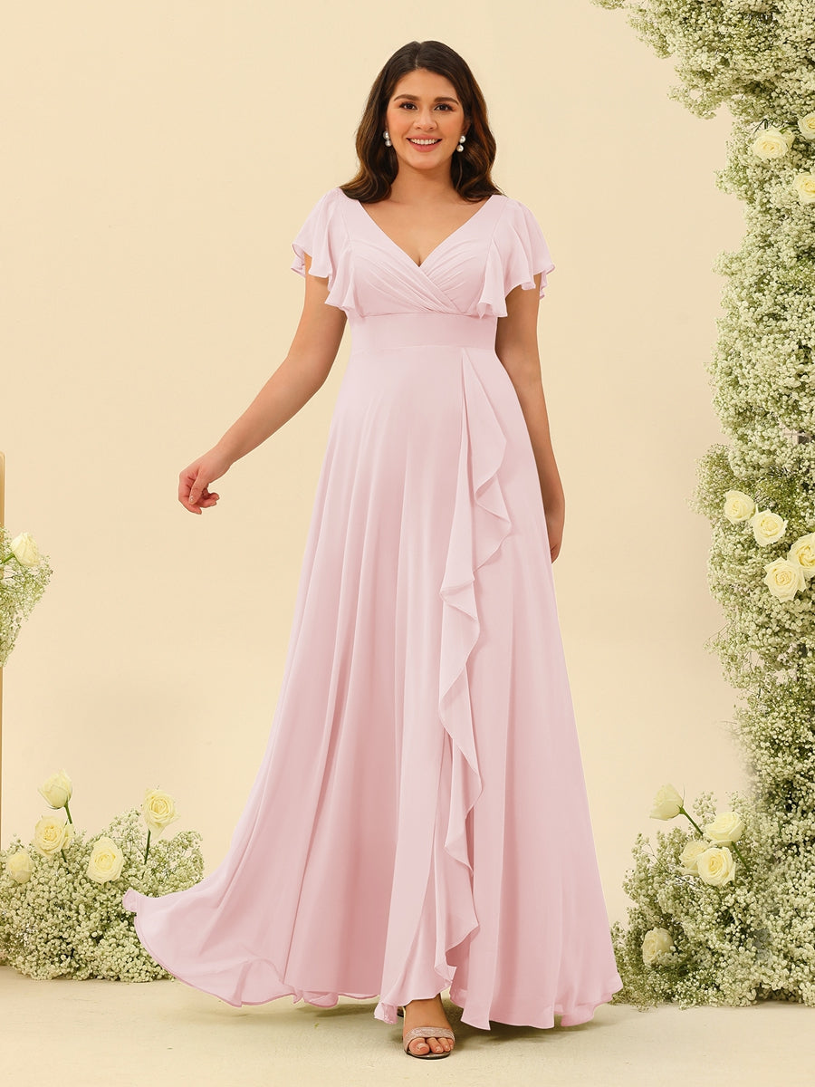 A-Line/Princess V-Neck Plus Size Bridesmaid Dresses with Ruffles - 画像 (23)