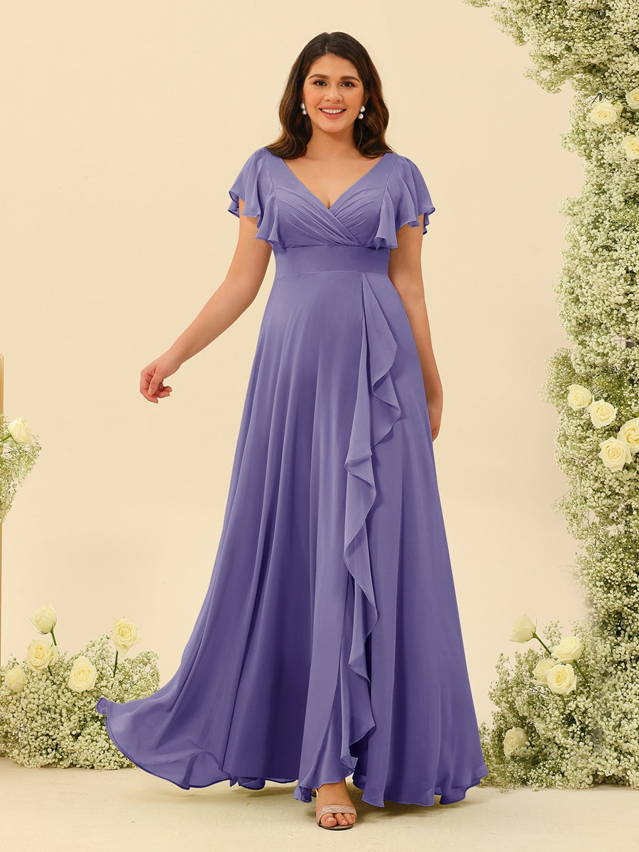A-Line/Princess V-Neck Plus Size Bridesmaid Dresses with Ruffles - 画像 (37)