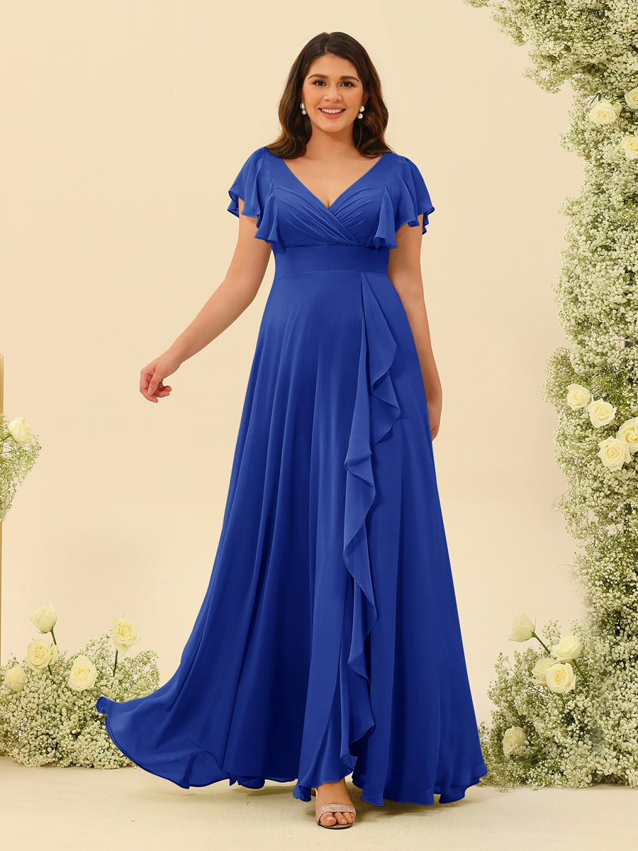 A-Line/Princess V-Neck Plus Size Bridesmaid Dresses with Ruffles - 画像 (50)