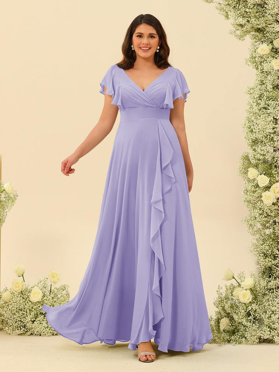 A-Line/Princess V-Neck Plus Size Bridesmaid Dresses with Ruffles - 画像 (10)