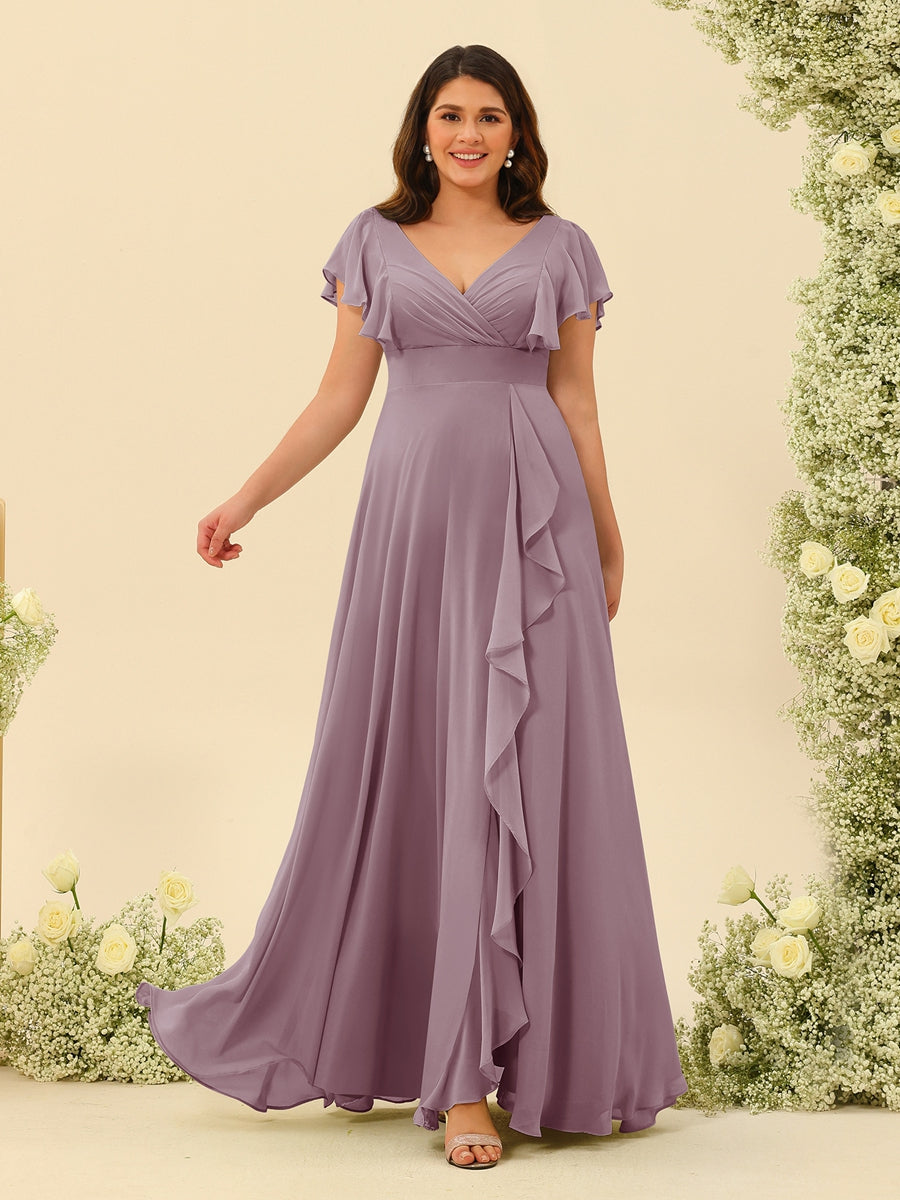 A-Line/Princess V-Neck Plus Size Bridesmaid Dresses with Ruffles - 画像 (27)