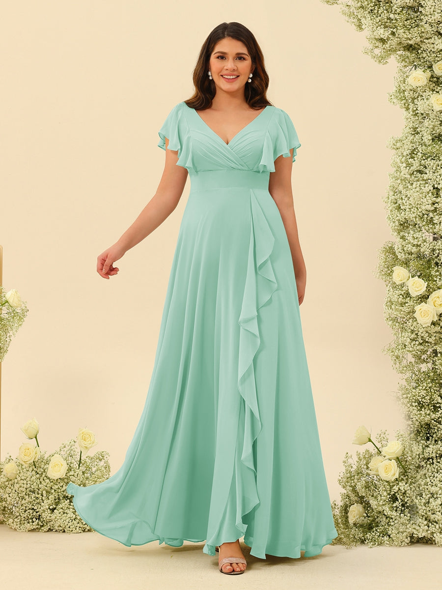 A-Line/Princess V-Neck Plus Size Bridesmaid Dresses with Ruffles - 画像 (57)