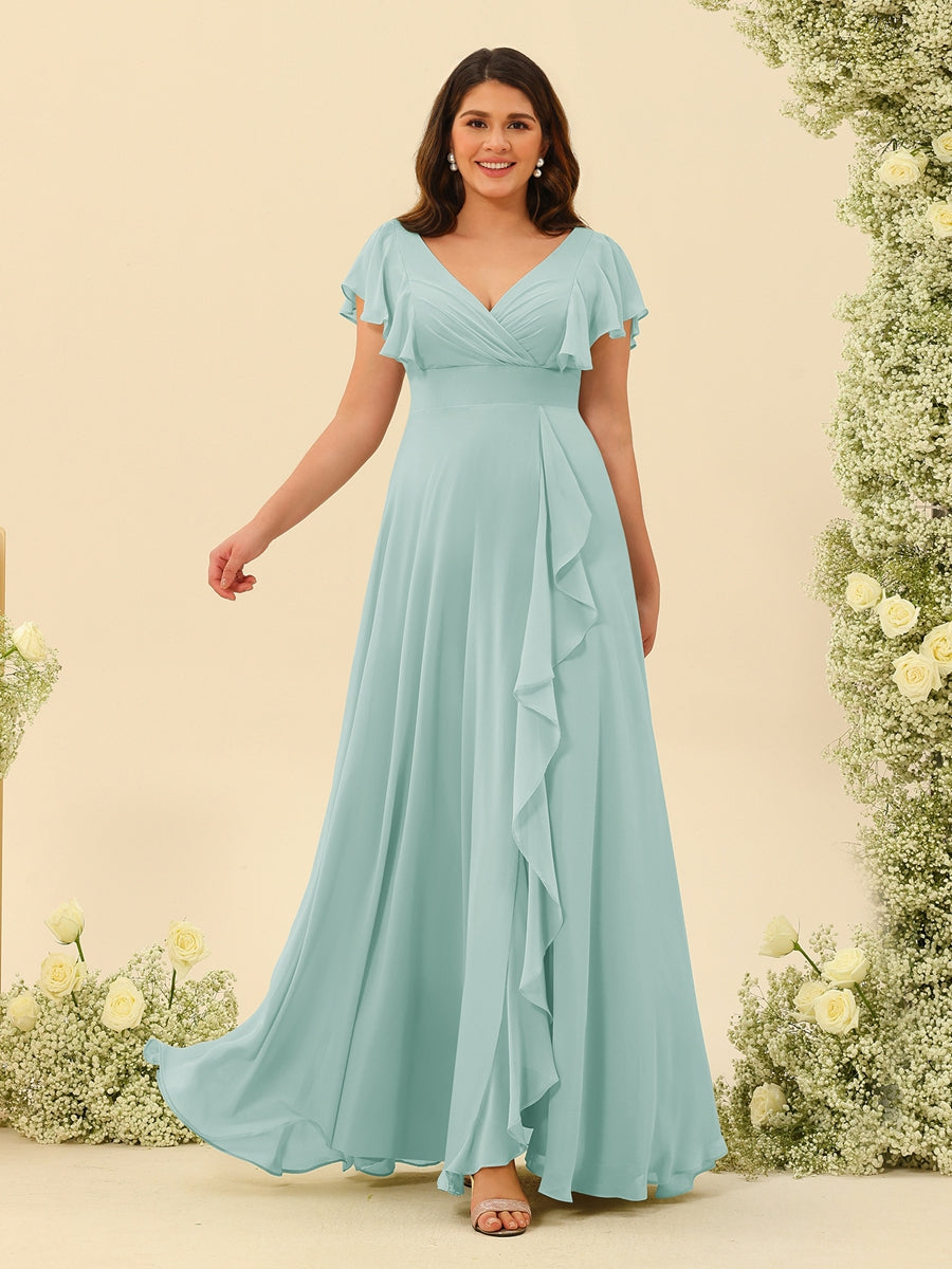 A-Line/Princess V-Neck Plus Size Bridesmaid Dresses with Ruffles - 画像 (56)
