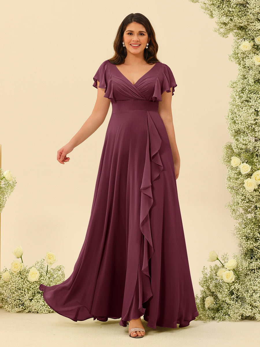 A-Line/Princess V-Neck Plus Size Bridesmaid Dresses with Ruffles - 画像 (39)
