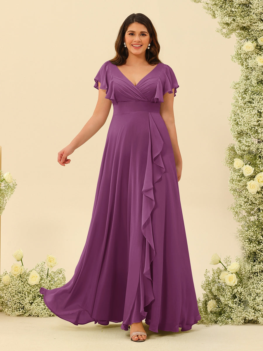 A-Line/Princess V-Neck Plus Size Bridesmaid Dresses with Ruffles - 画像 (40)