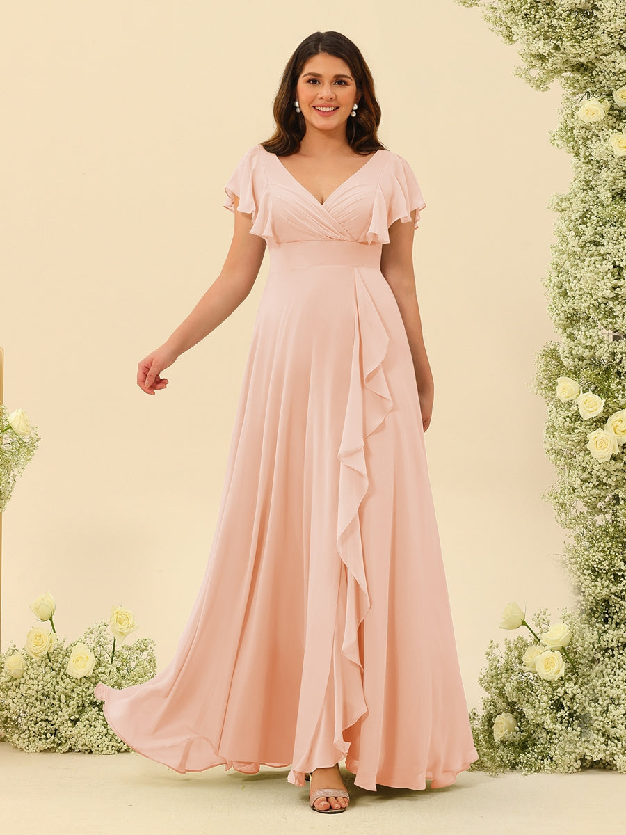 A-Line/Princess V-Neck Plus Size Bridesmaid Dresses with Ruffles - 画像 (25)