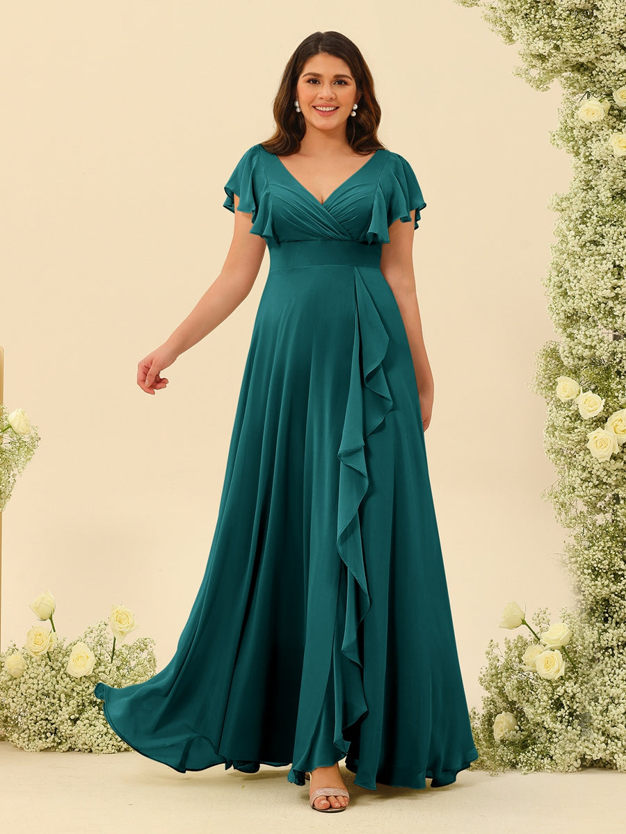 A-Line/Princess V-Neck Plus Size Bridesmaid Dresses with Ruffles - 画像 (62)