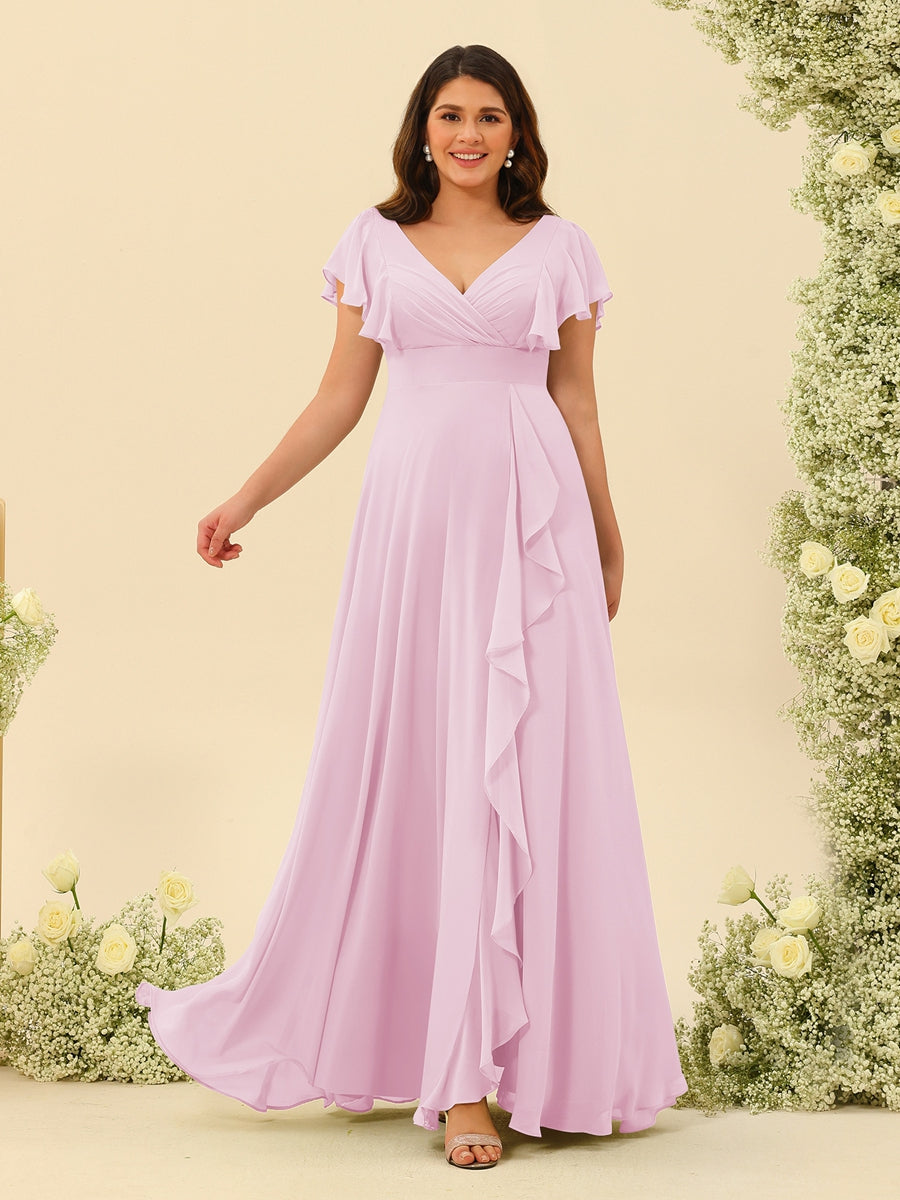 A-Line/Princess V-Neck Plus Size Bridesmaid Dresses with Ruffles - 画像 (21)