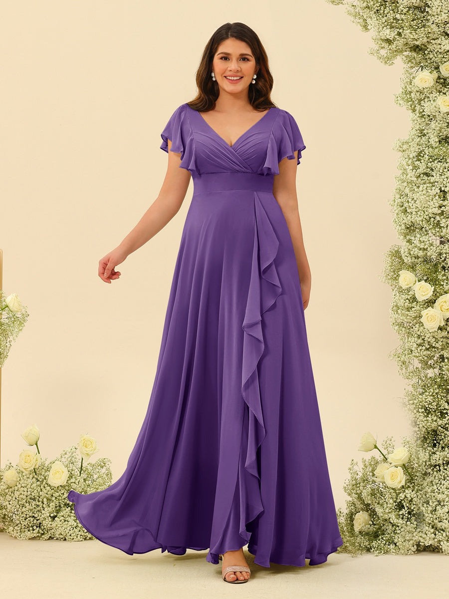 A-Line/Princess V-Neck Plus Size Bridesmaid Dresses with Ruffles - 画像 (38)