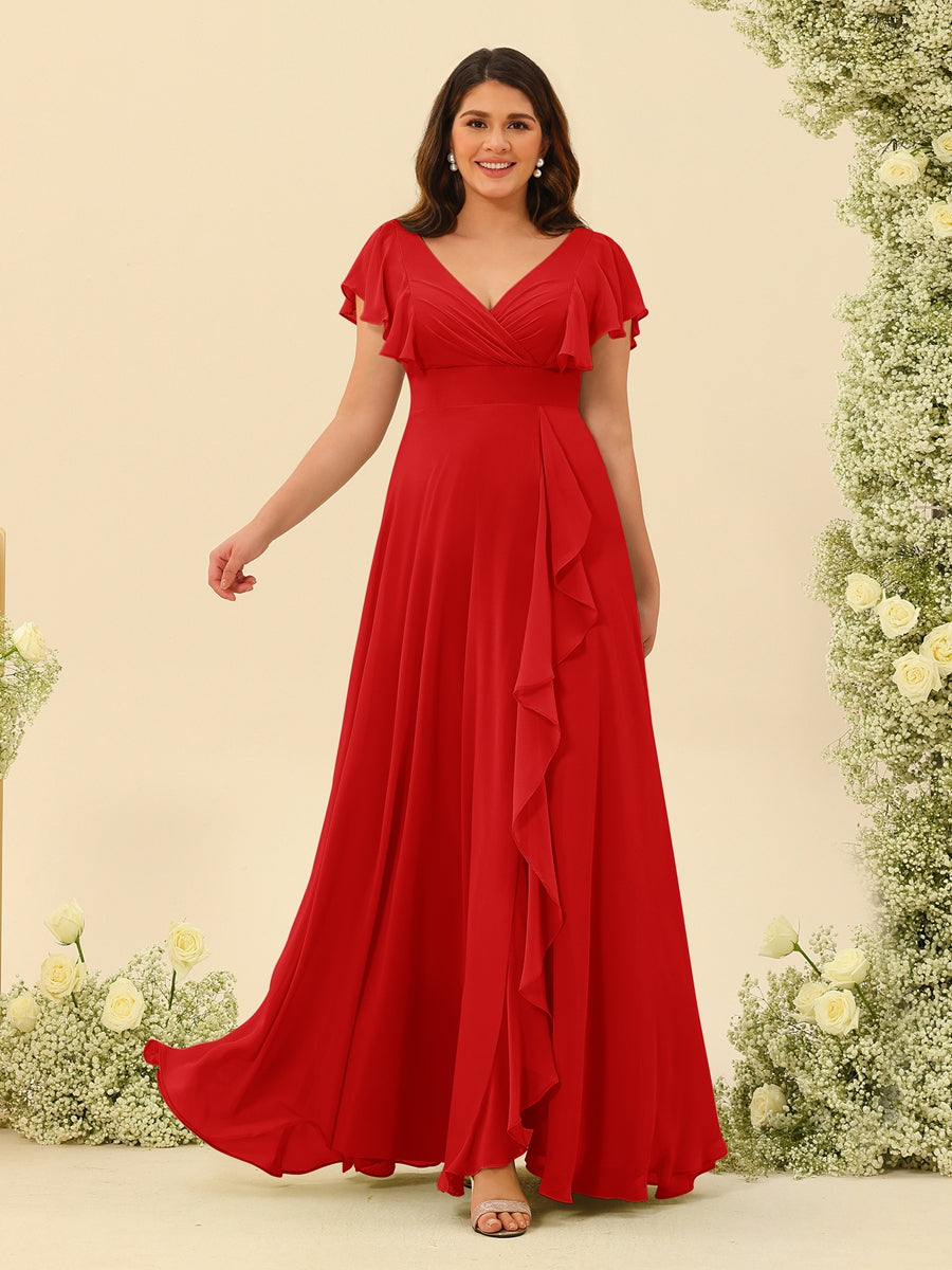 A-Line/Princess V-Neck Plus Size Bridesmaid Dresses with Ruffles - 画像 (32)