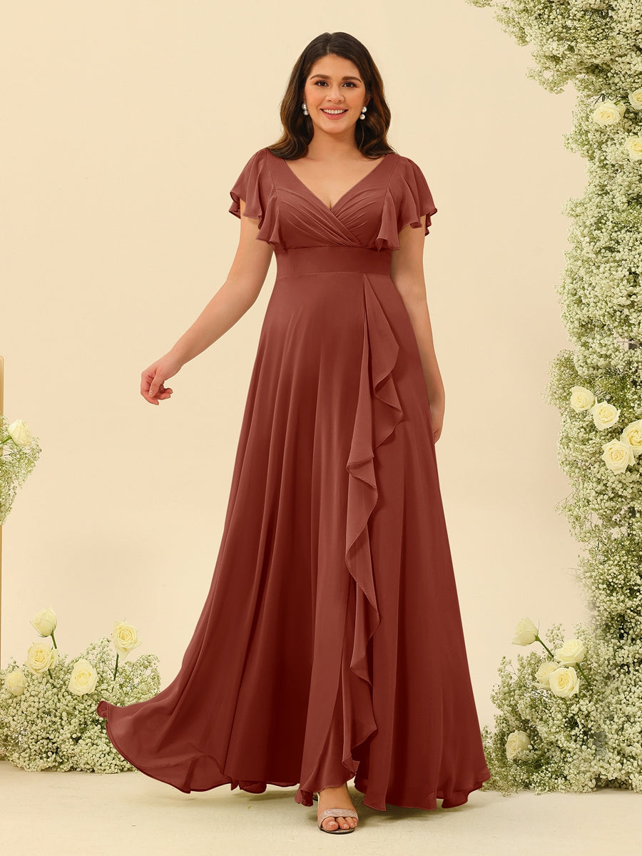 A-Line/Princess V-Neck Plus Size Bridesmaid Dresses with Ruffles - 画像 (9)