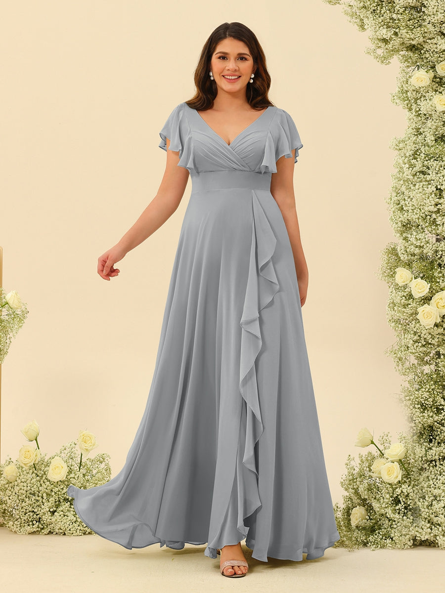 A-Line/Princess V-Neck Plus Size Bridesmaid Dresses with Ruffles - 画像 (18)