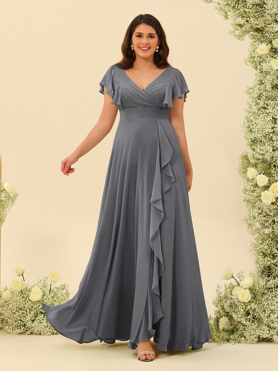 A-Line/Princess V-Neck Plus Size Bridesmaid Dresses with Ruffles - 画像 (70)