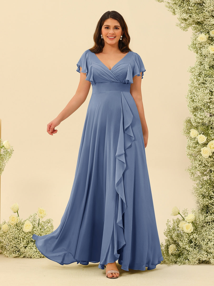 A-Line/Princess V-Neck Plus Size Bridesmaid Dresses with Ruffles - 画像 (47)