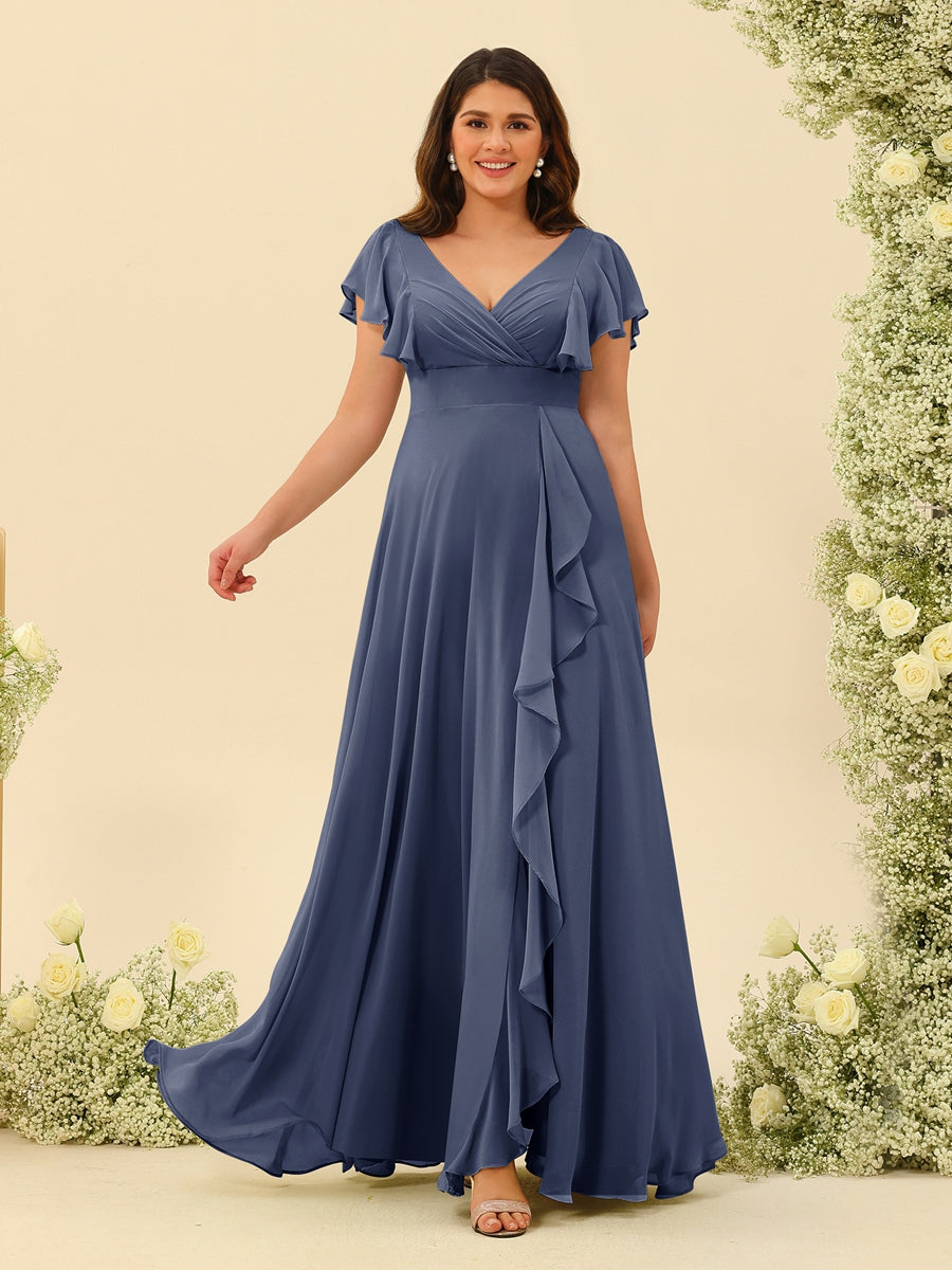 A-Line/Princess V-Neck Plus Size Bridesmaid Dresses with Ruffles - 画像 (53)