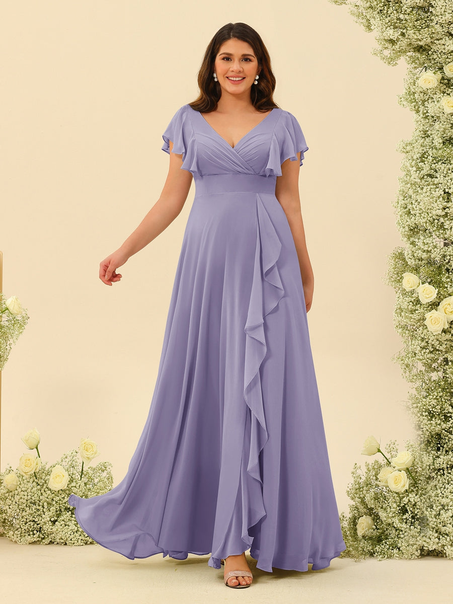 A-Line/Princess V-Neck Plus Size Bridesmaid Dresses with Ruffles - 画像 (35)