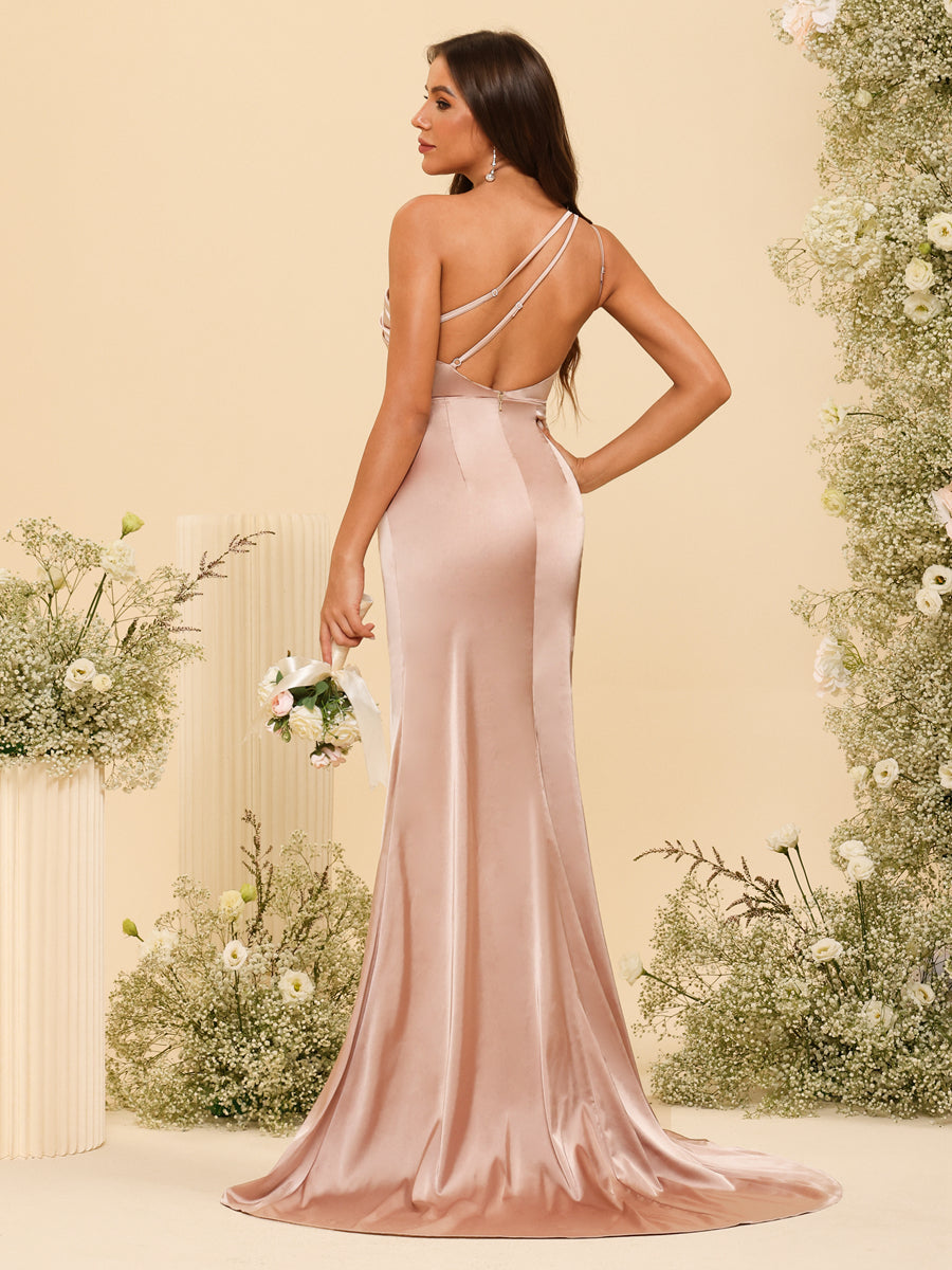 Sheath/Column One-Shoulder Long Formal Dresses with Split Side & Ruched - 画像 (9)