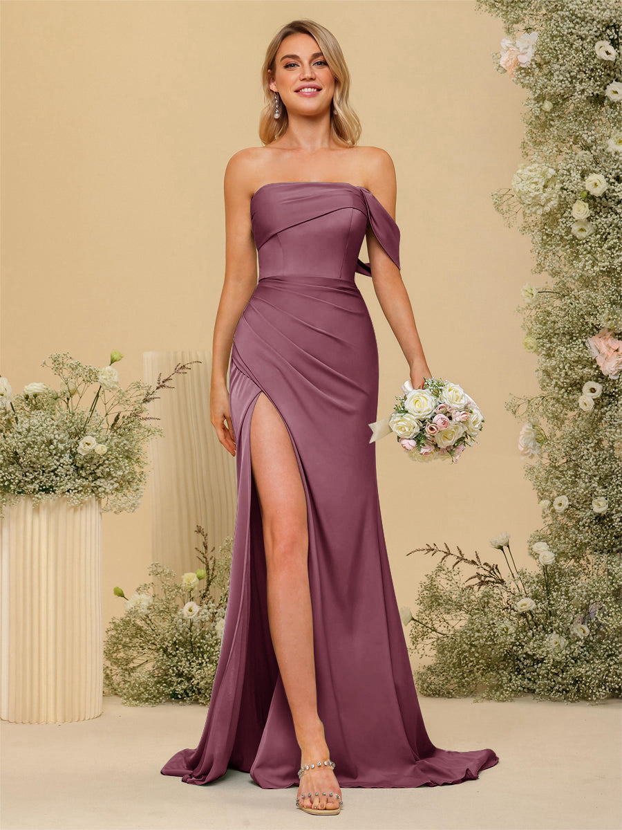 Sheath/Column Off-the-Shoulder Long Formal Dresses with Split Side - 이미지 38