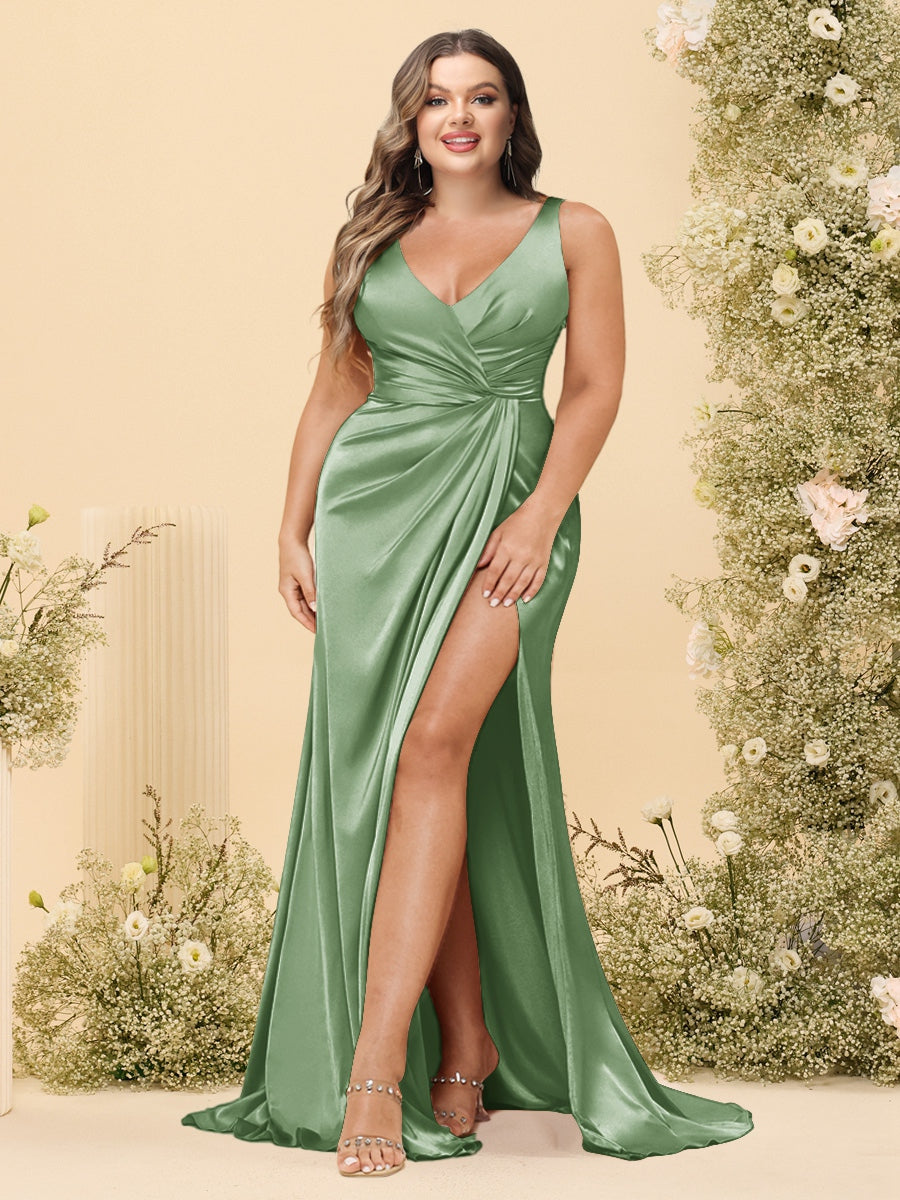 Sheath/Column V-Neck Long Formal Plus Size Dresses with Split Side & Ruched - 이미지 14