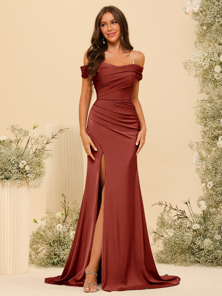 Sheath/Column Off-the-Shoulder Long Formal Dresses with Split Side & Ruched - 画像 (16)