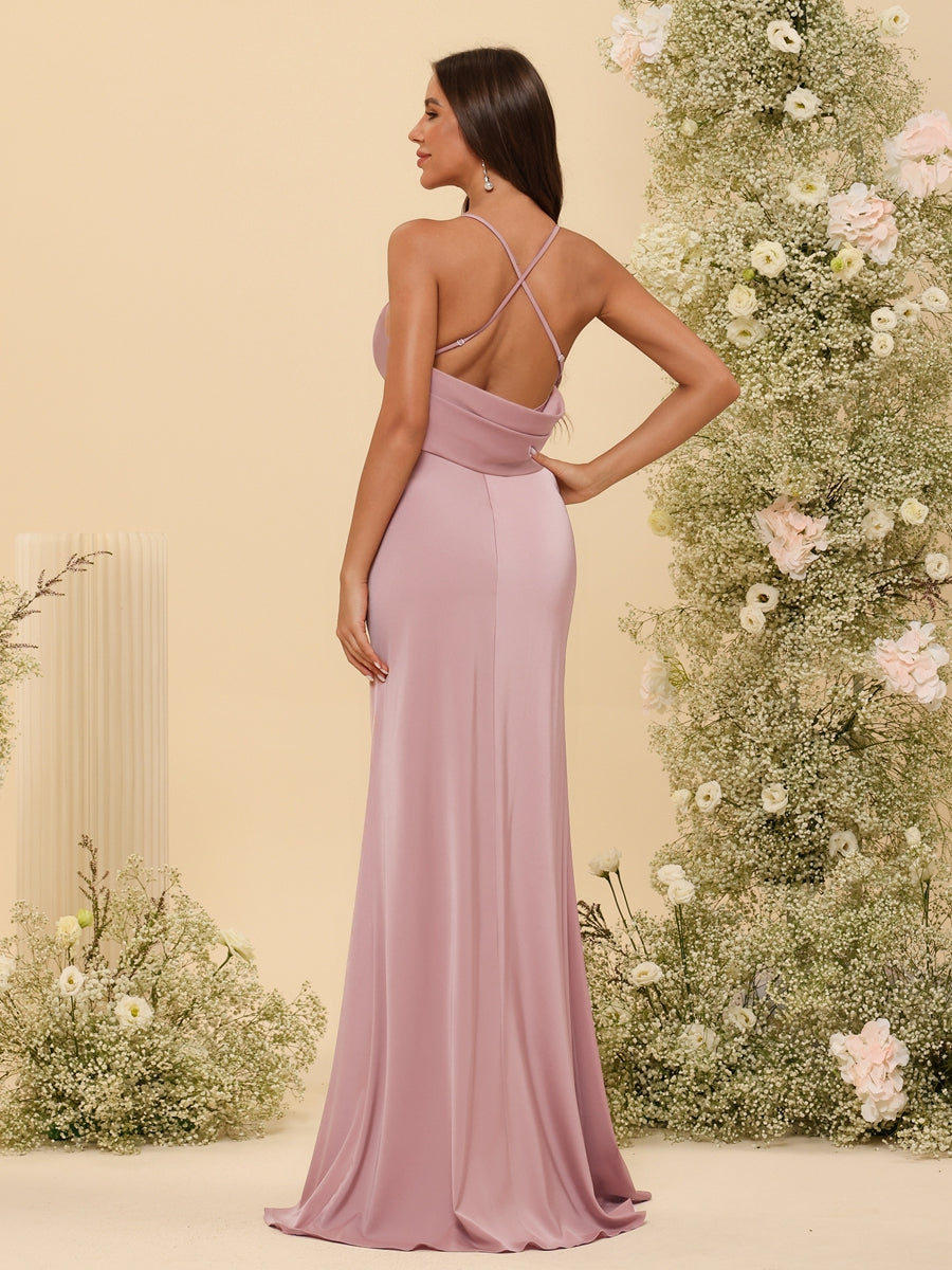 Sheath/Column V-Neck Spaghetti Straps Long Formal Dresses with Split Side - 画像 (7)