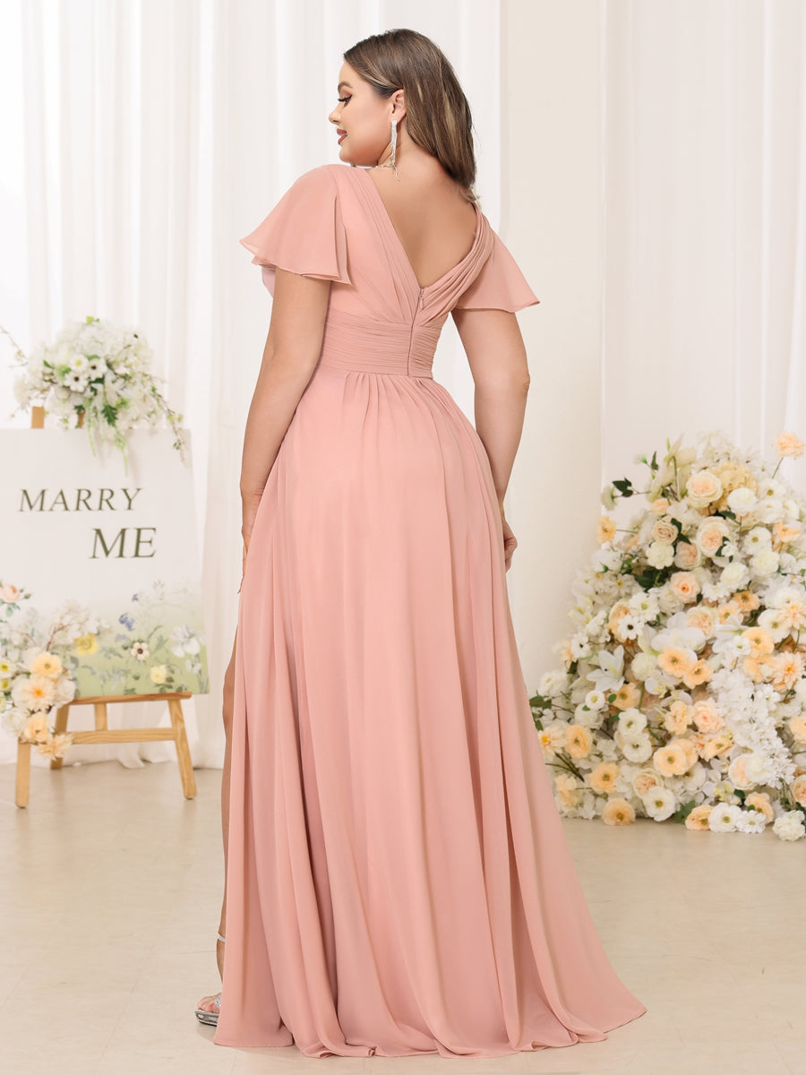 A-Line/Princess V-Neck Short Sleeves Long Plus Size Bridesmaid Dresses with Split Side - Image 2