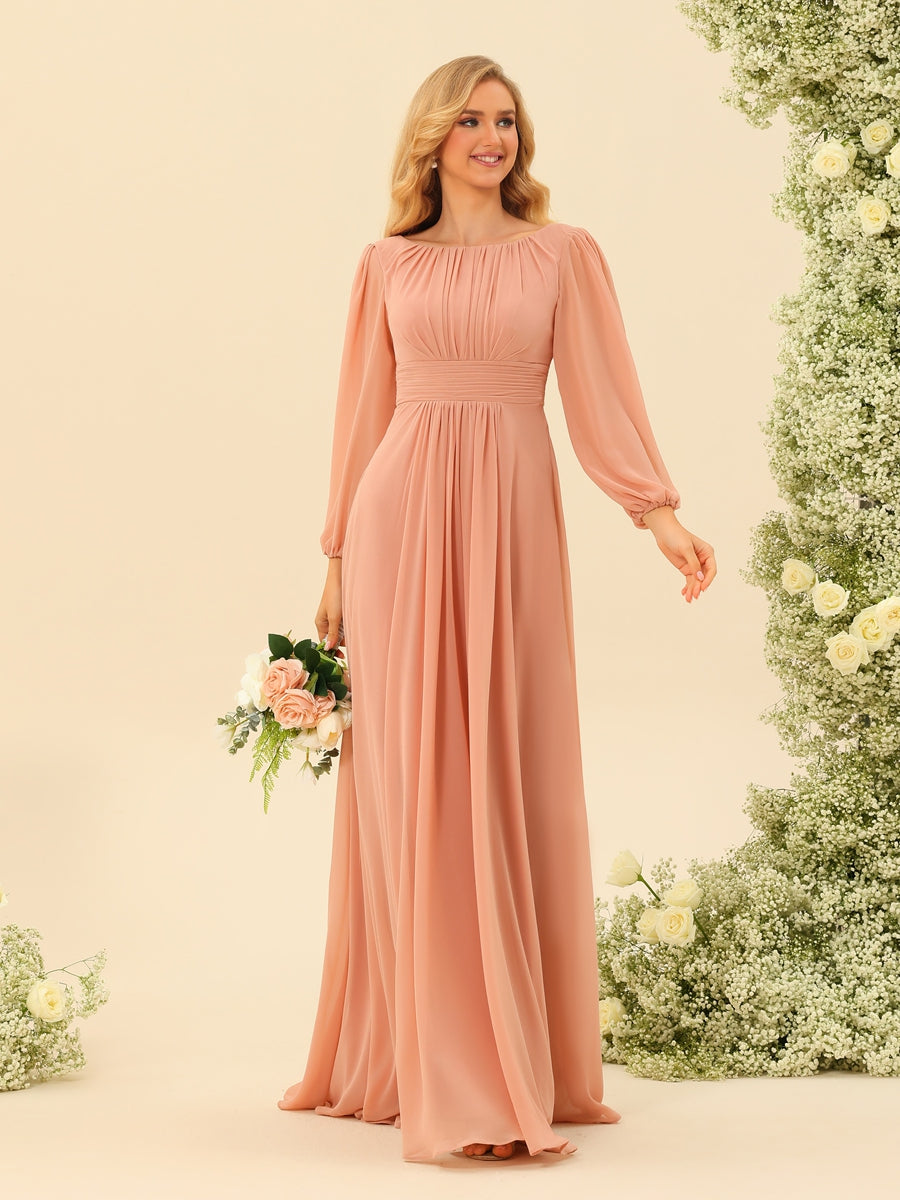 A-Line/Princess Floor-Length Long Sleeves Bridesmaid Dresses With Sash - 画像 (3)
