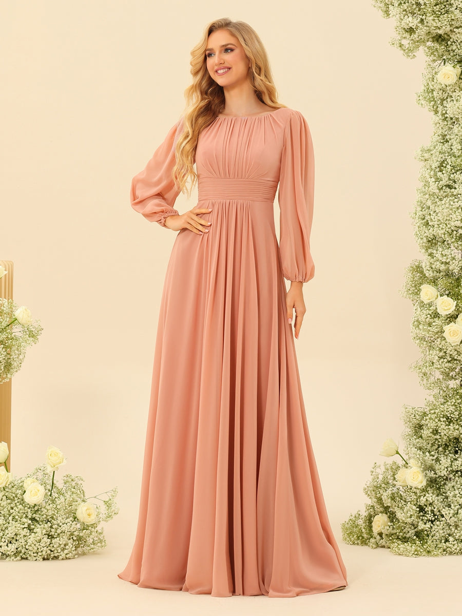A-Line/Princess Floor-Length Long Sleeves Bridesmaid Dresses With Sash - 画像 (4)
