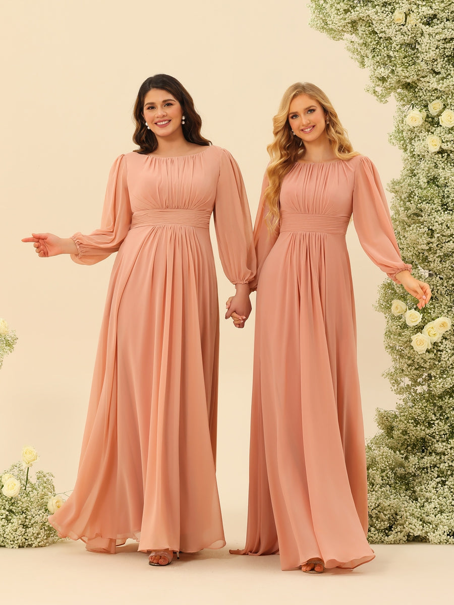 A-Line/Princess Floor-Length Long Sleeves Bridesmaid Dresses With Sash - 画像 (6)