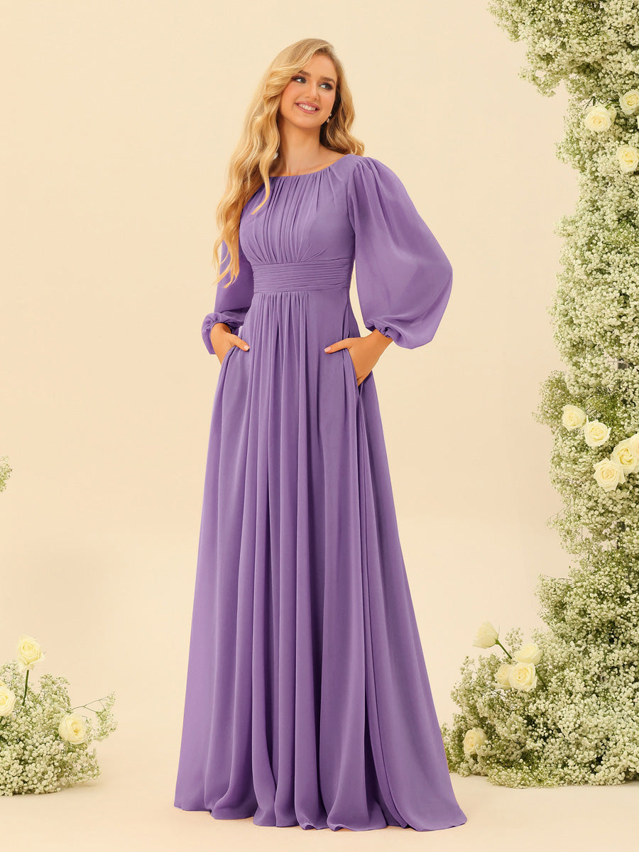 A-Line/Princess Floor-Length Long Sleeves Bridesmaid Dresses With Sash - 画像 (35)