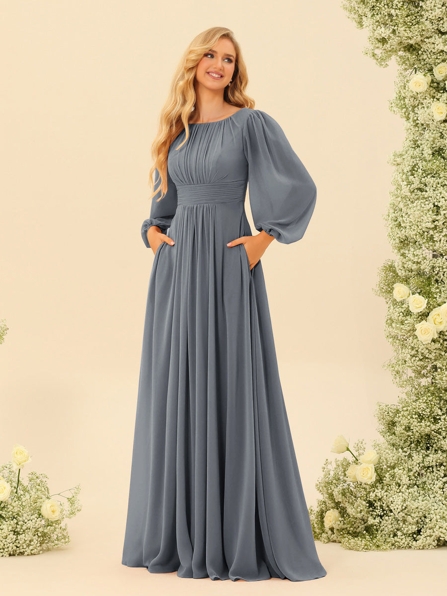 A-Line/Princess Floor-Length Long Sleeves Bridesmaid Dresses With Sash - 画像 (44)