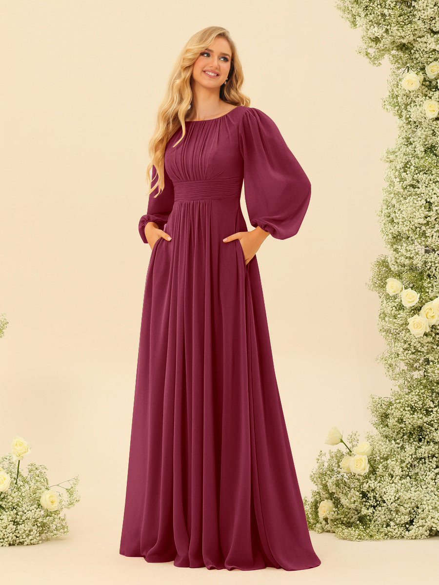 A-Line/Princess Floor-Length Long Sleeves Bridesmaid Dresses With Sash - 画像 (50)