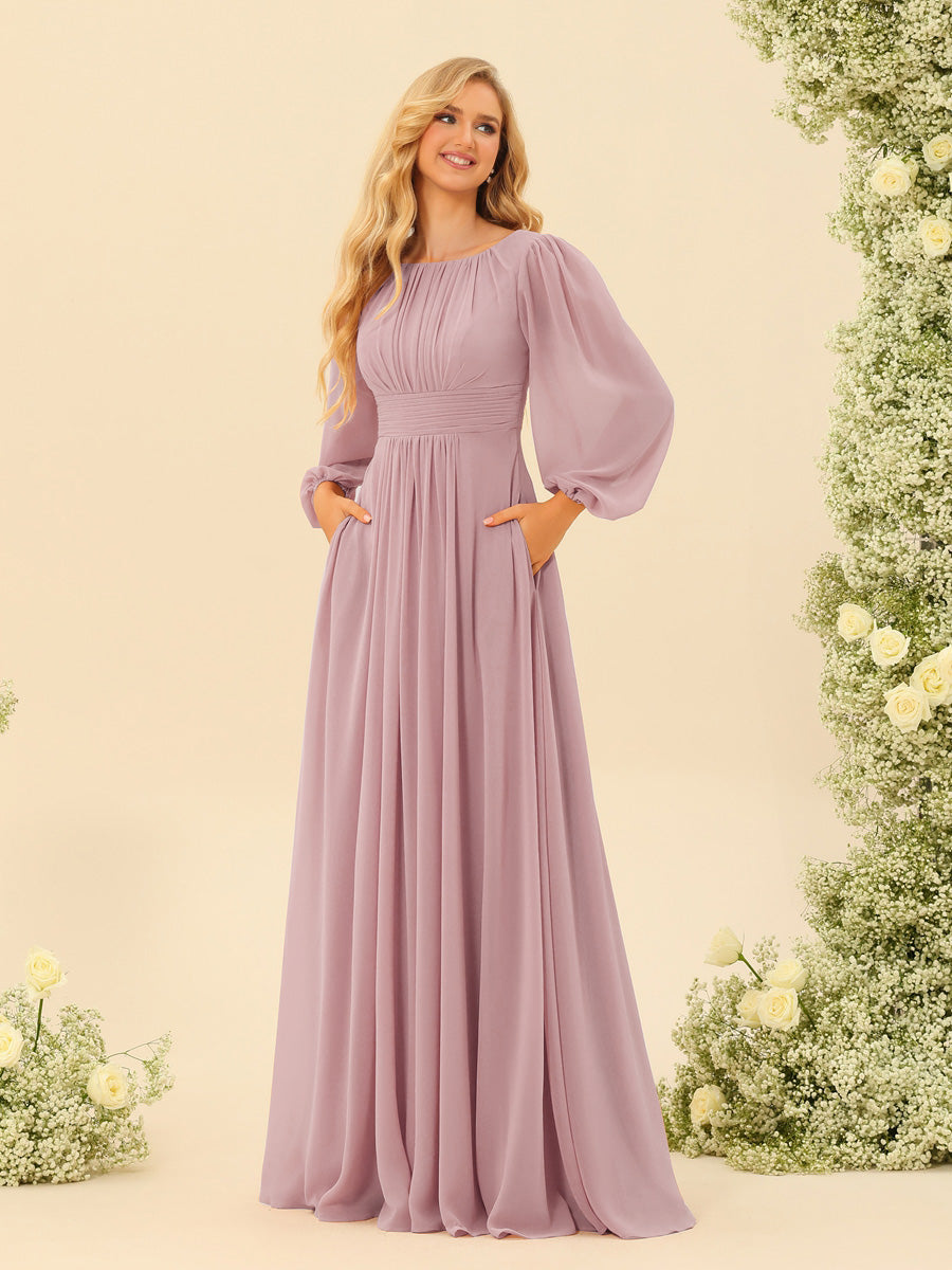 A-Line/Princess Floor-Length Long Sleeves Bridesmaid Dresses With Sash - 画像 (57)