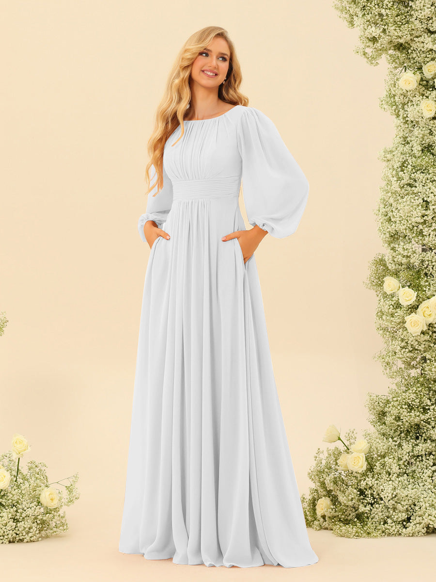 A-Line/Princess Floor-Length Long Sleeves Bridesmaid Dresses With Sash - 画像 (64)