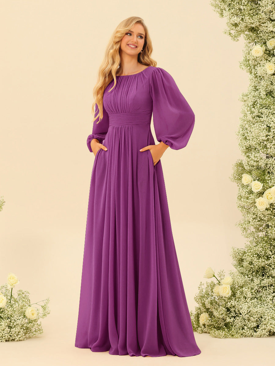 A-Line/Princess Floor-Length Long Sleeves Bridesmaid Dresses With Sash - 画像 (67)